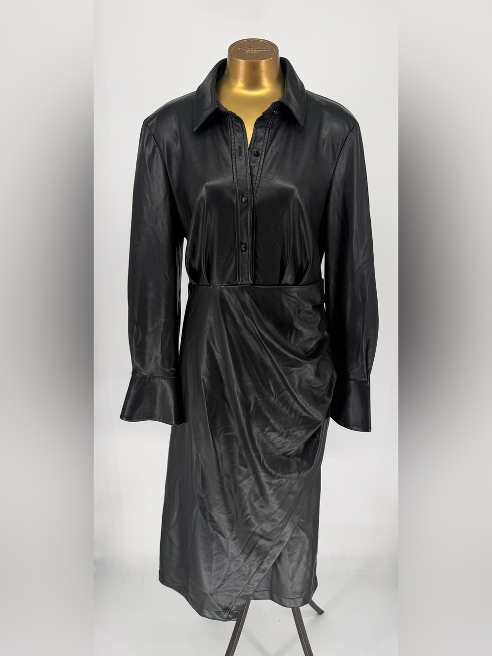 7 For All Mankind Black Faux-Leather Ruched Midi Shirt Dress Size Large